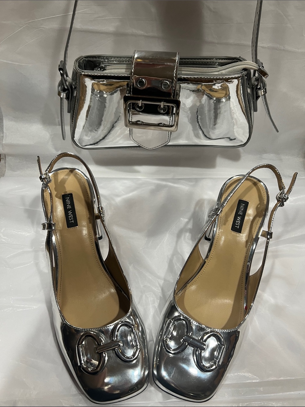 Nine West Silver Metallic Slingback Pumps,  Matching Silver Shoulder Bag+wallet